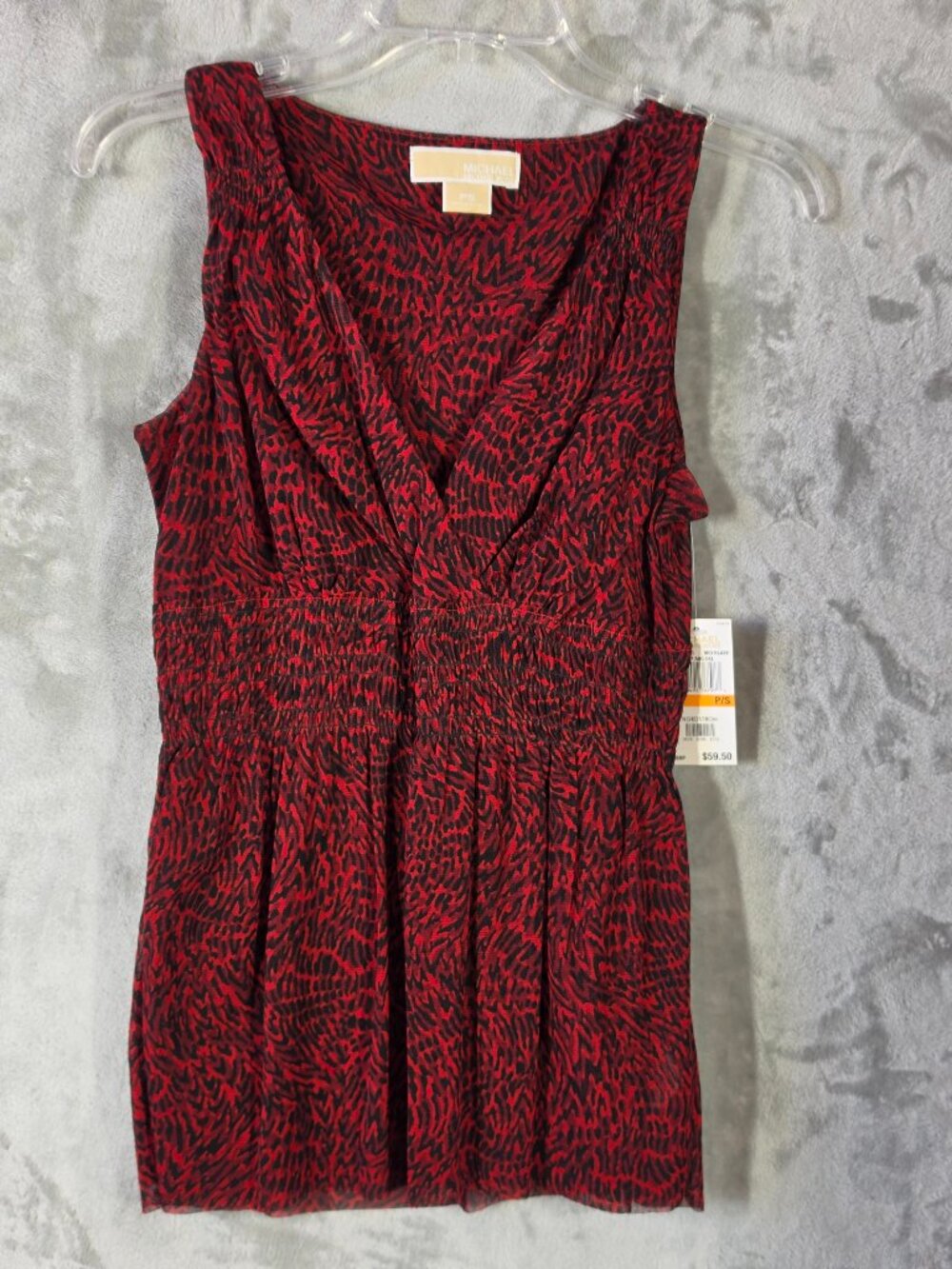 NWT Michael Kors Petite Small Red Black Smocked Waist Top